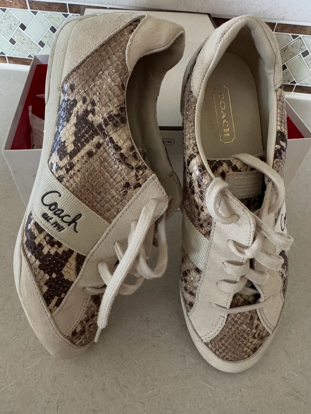 Coach Reina Women’s Snakeskin Python Print Lace-Up Sneakers in Beige and Brown